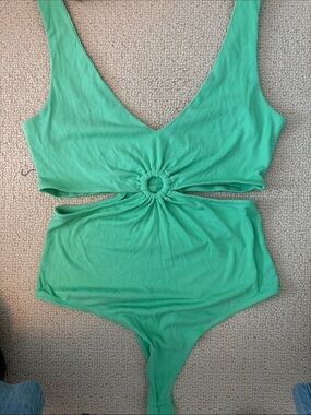 Green Ribbed Ring-Cut One-Piece Bodysuit